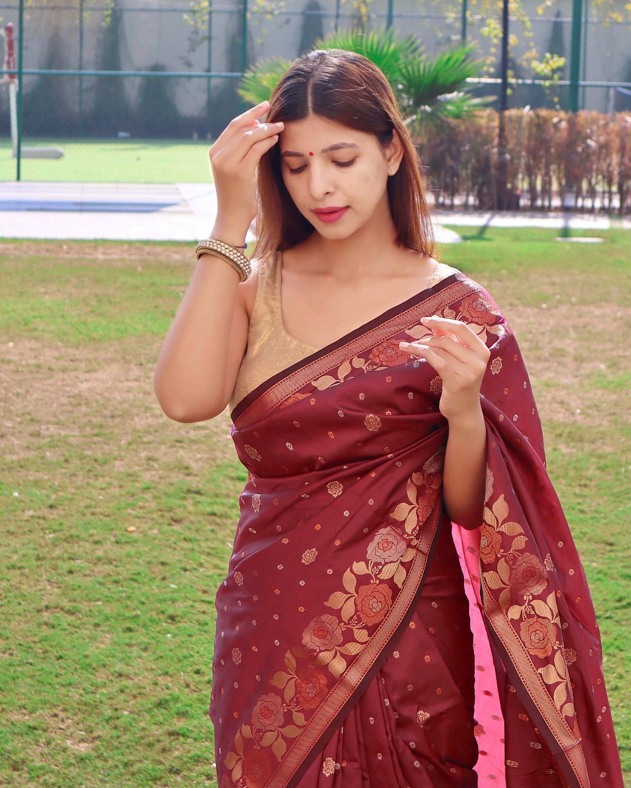 MAROON SOFT BANARASI SILK SAREE WITH LAGNIAPPE BLOUSE PIECE