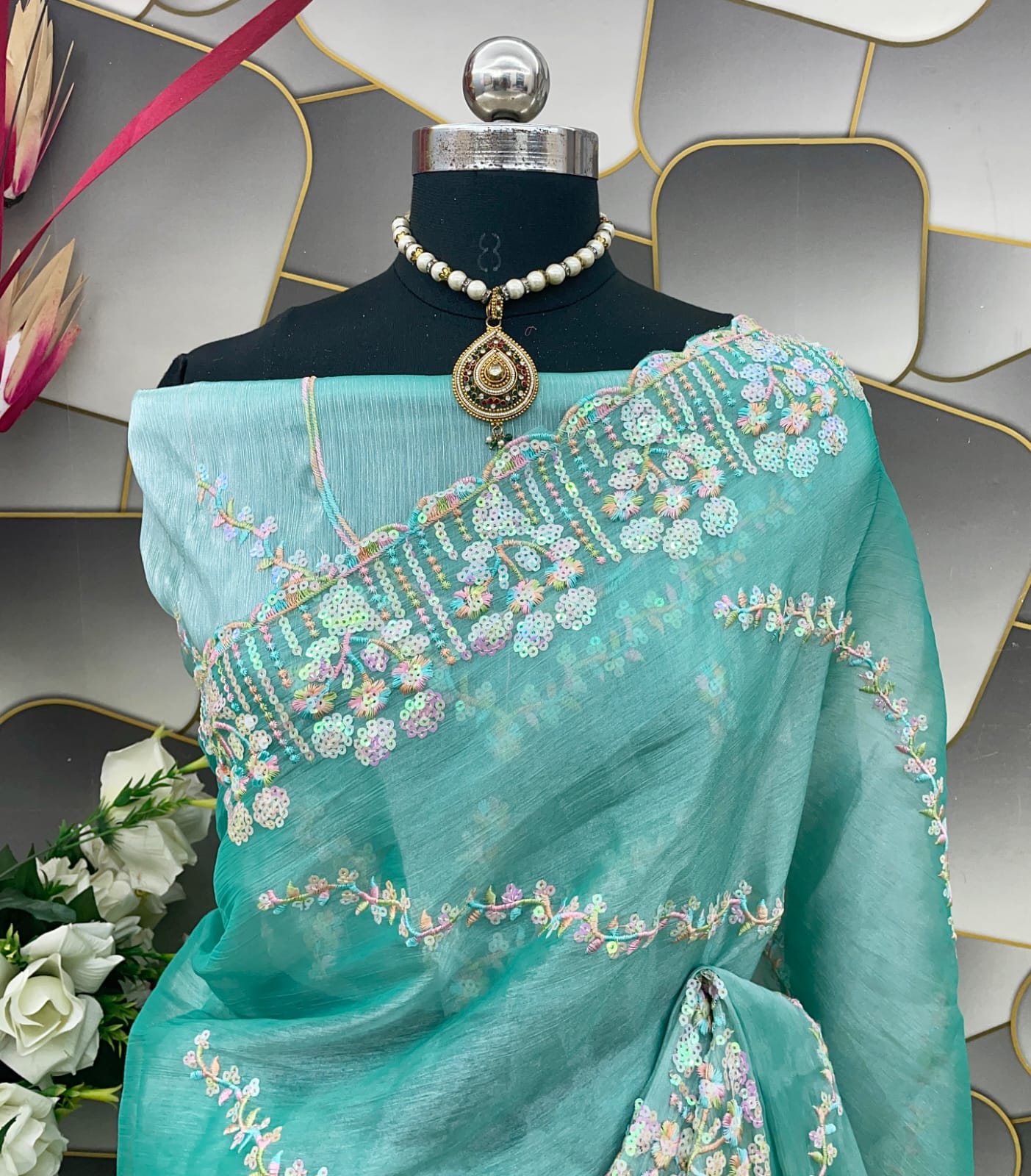JIMICHOO SILK WITH BEAUTIFUL EMBROIDERY SEQUENCE DESIGN WITH BLOUSE
