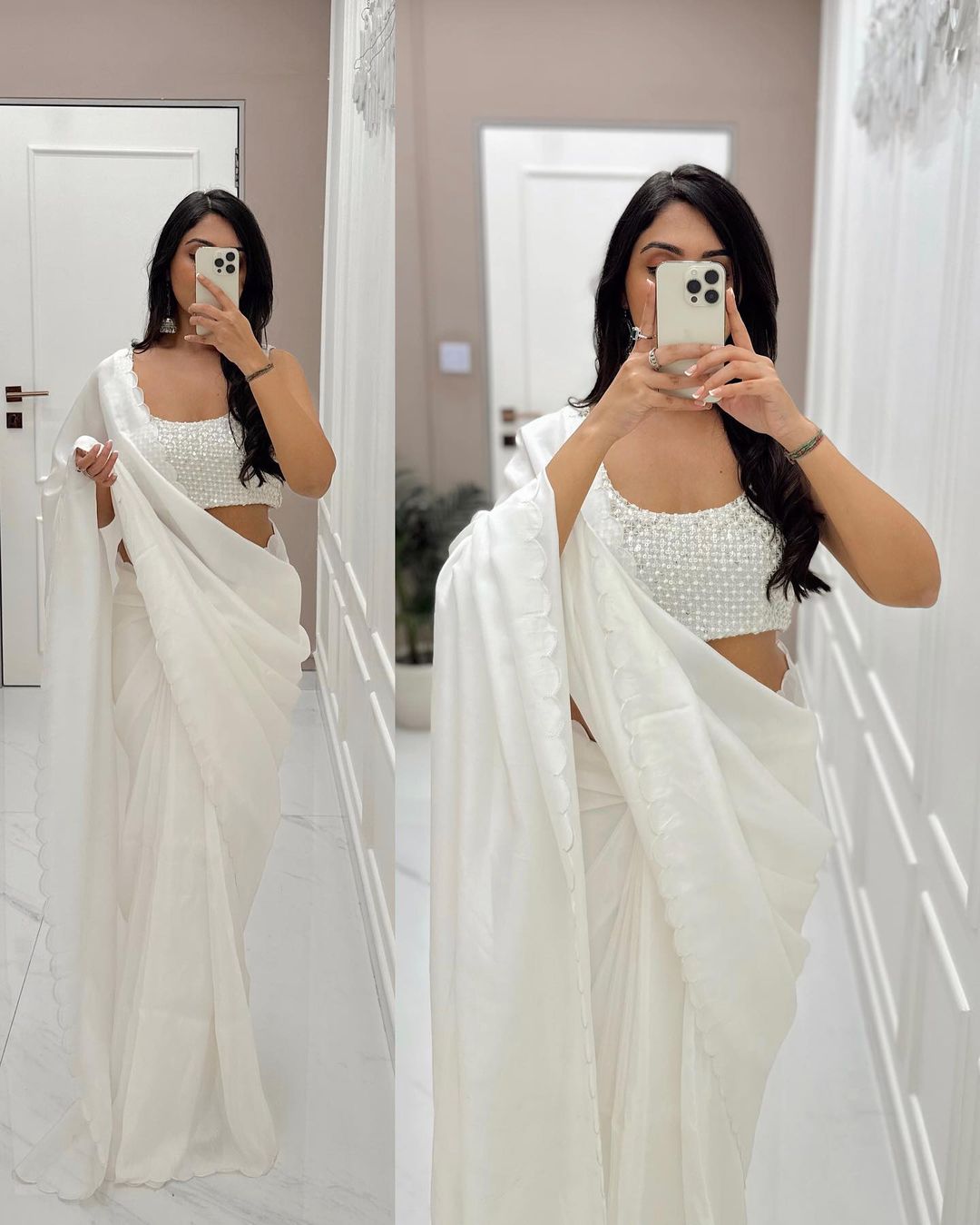 1 MIN READY TO WEAR WHITE PURE SOFT SILK WITH STITCHED BLOUSE