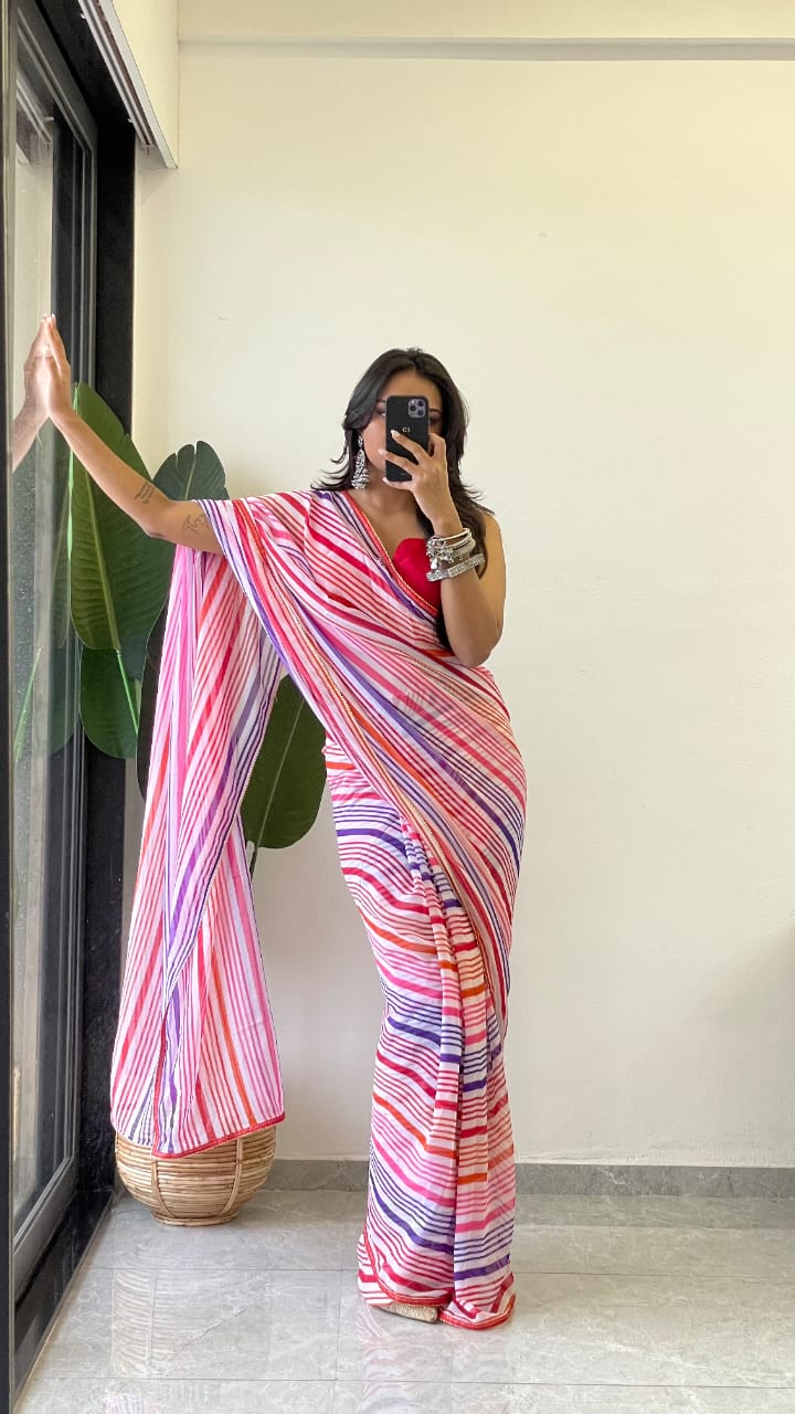 1 MIN READY TO WEAR SAREE IN PURE SOFT GEORGETTE WITH RED BLOUSE