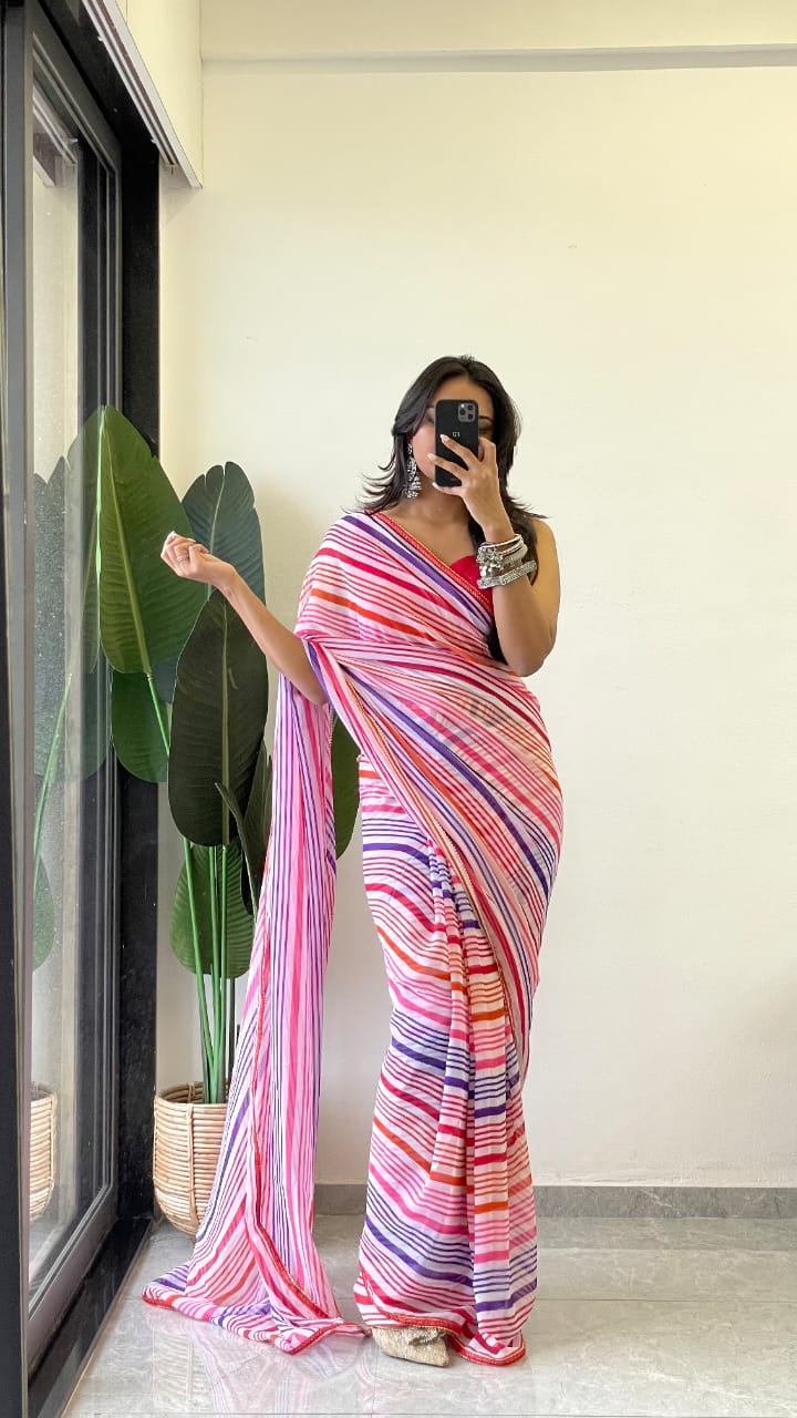 1 MIN READY TO WEAR SAREE IN PURE SOFT GEORGETTE WITH RED BLOUSE