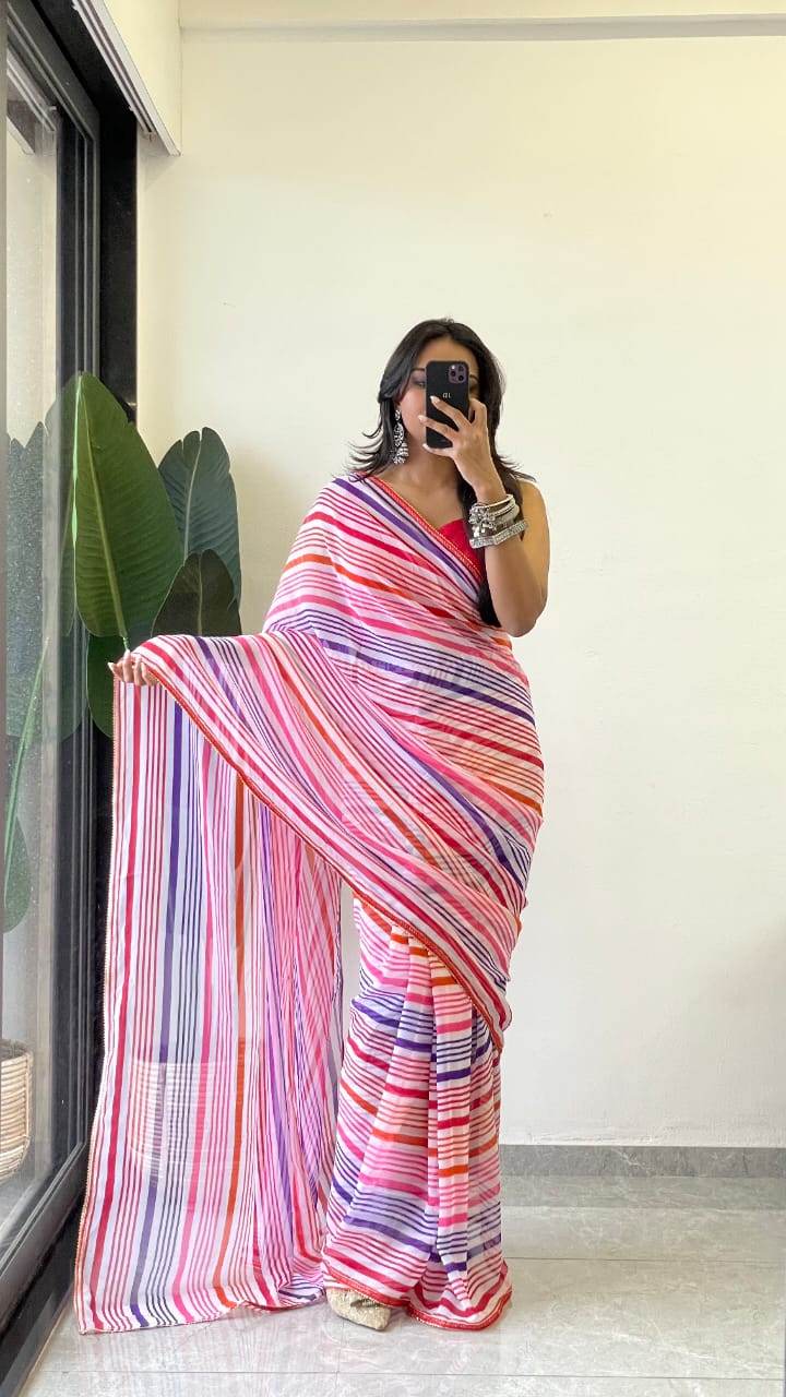 1 MIN READY TO WEAR SAREE IN PURE SOFT GEORGETTE WITH RED BLOUSE