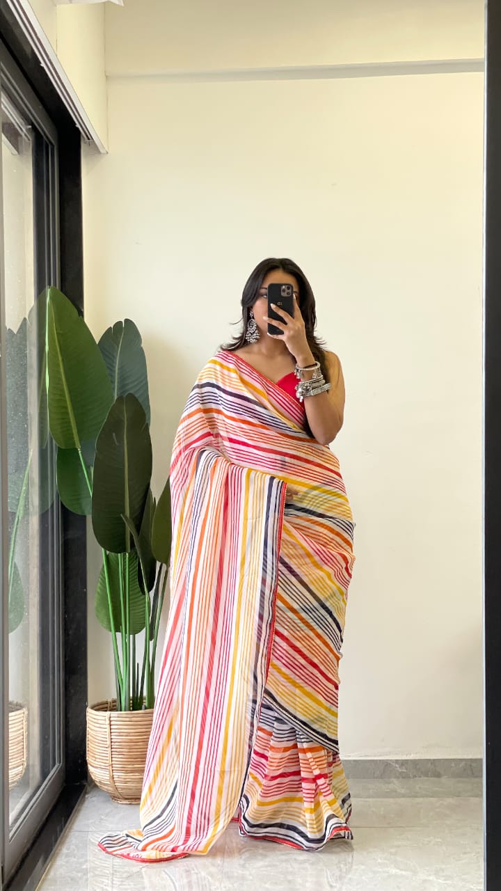 1 MIN READY TO WEAR SAREE IN PURE SOFT GEORGETTE WITH RED BLOUSE