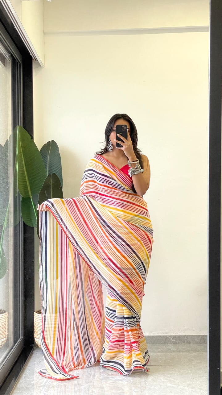1 MIN READY TO WEAR SAREE IN PURE SOFT GEORGETTE WITH RED BLOUSE