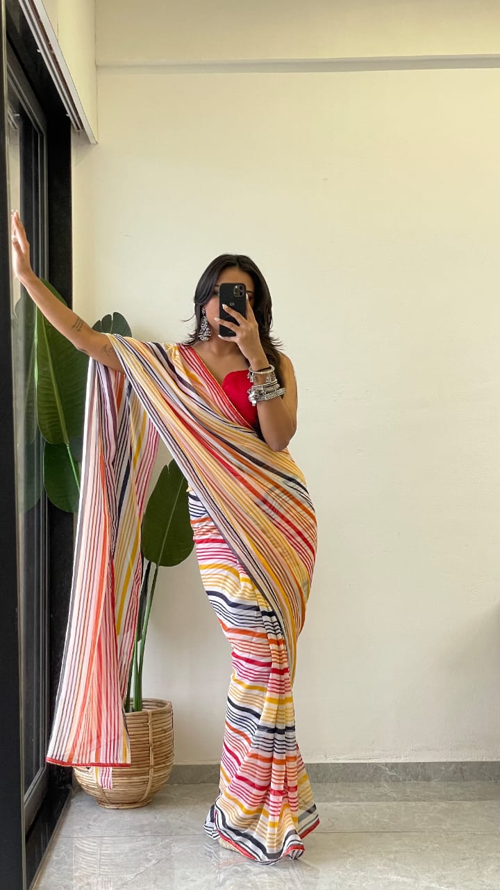 1 MIN READY TO WEAR SAREE IN PURE SOFT GEORGETTE WITH RED BLOUSE
