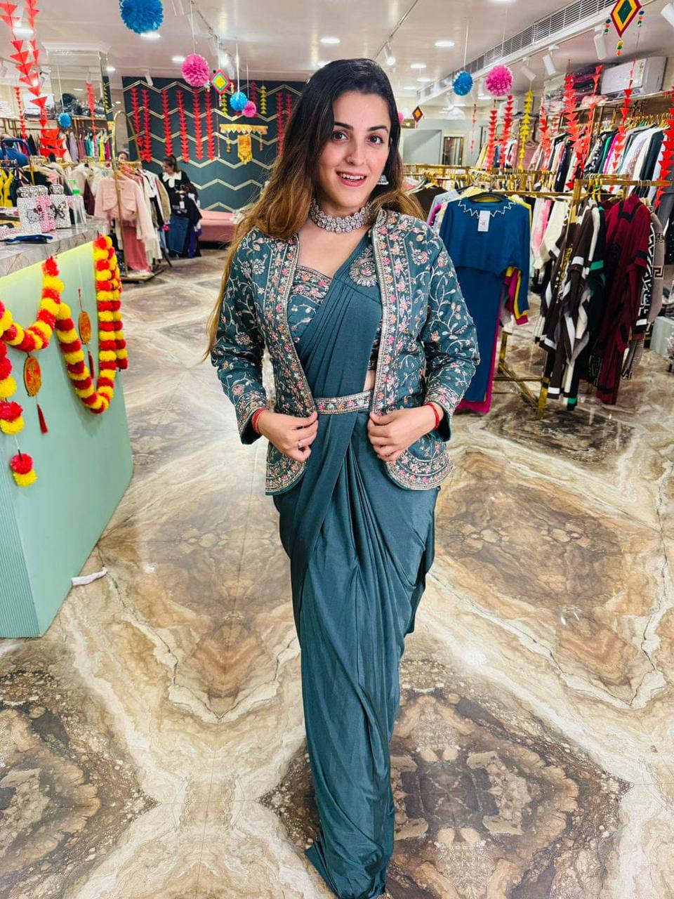 TRENDING INDO-WESTERN READY TO WEAR SAREE WITH FULLY EMBROIDERED KOTI