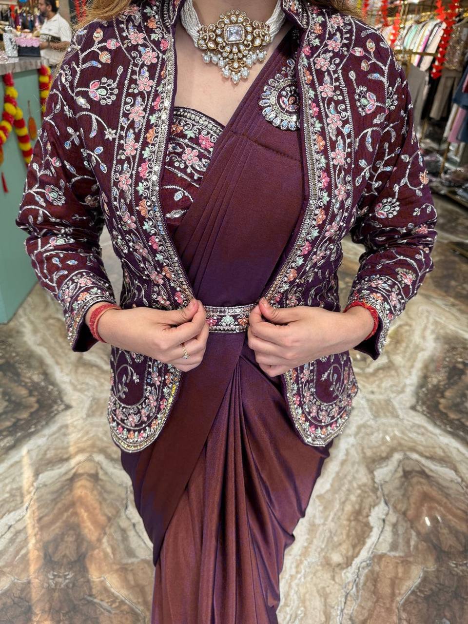 TRENDING INDO-WESTERN READY TO WEAR SAREE WITH FULLY EMBROIDERED KOTI