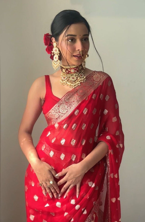 1 Min Ready To Wear in organza Banarasi Silk Saree With Blouse