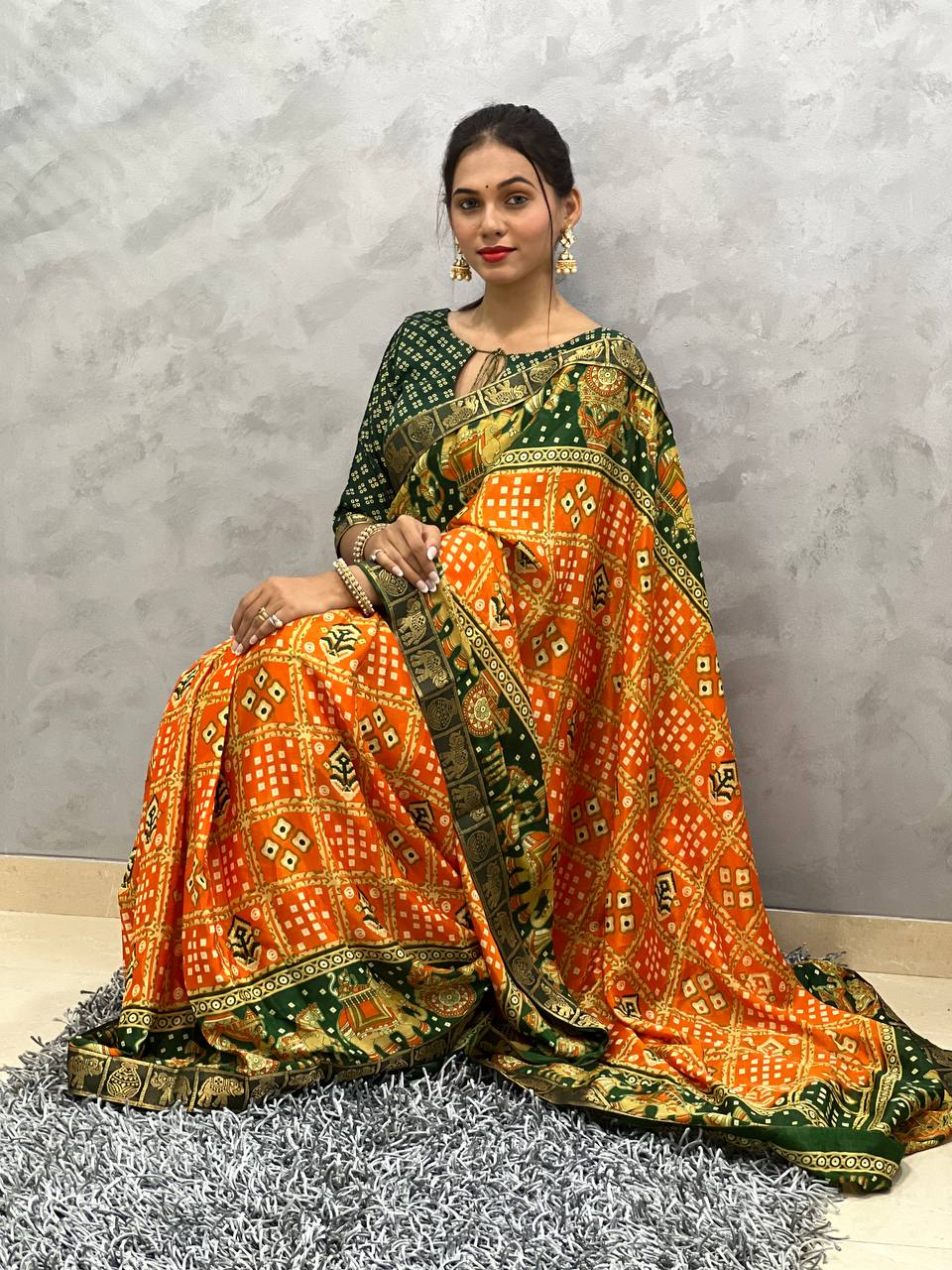 1-Min Ready To Wear Orange Saree In Beautiful Rich Pallu