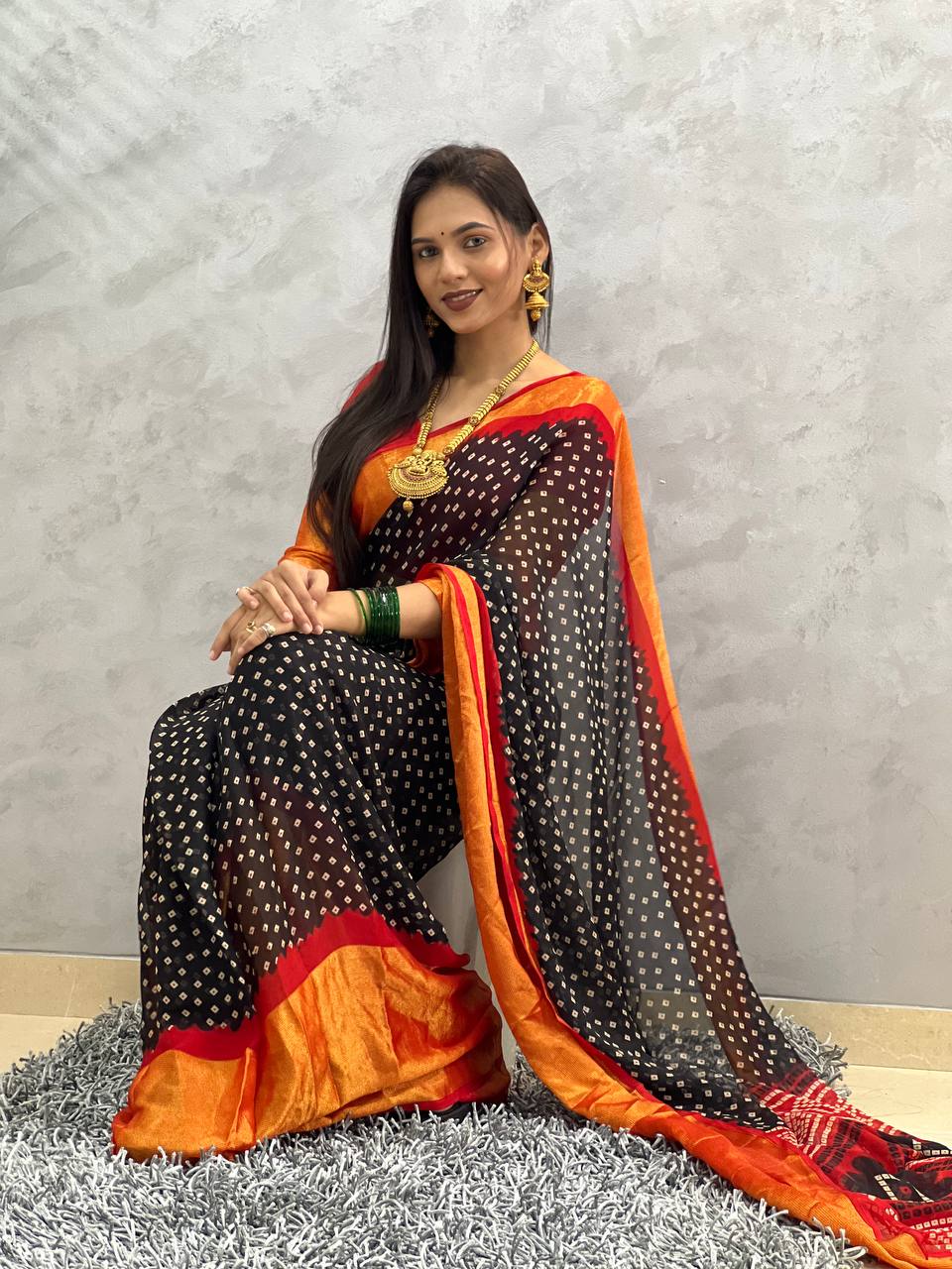 1 MIN READY TO WEAR SAREE IN BLACK BANDHANI SOFT CHIFFON SAREE