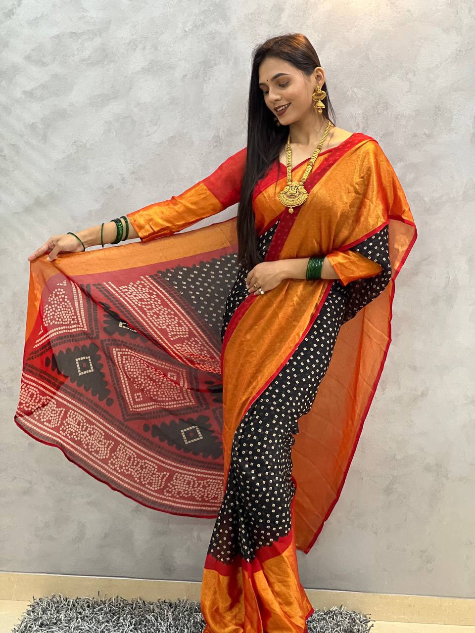 1 MIN READY TO WEAR SAREE IN BLACK BANDHANI SOFT CHIFFON SAREE