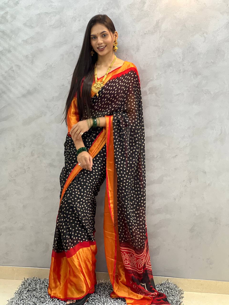 1 MIN READY TO WEAR SAREE IN BLACK BANDHANI SOFT CHIFFON SAREE
