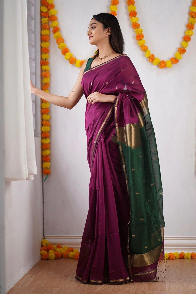 Marvellous Dark Pink Cotton Silk Saree With Outstanding Blouse Piece