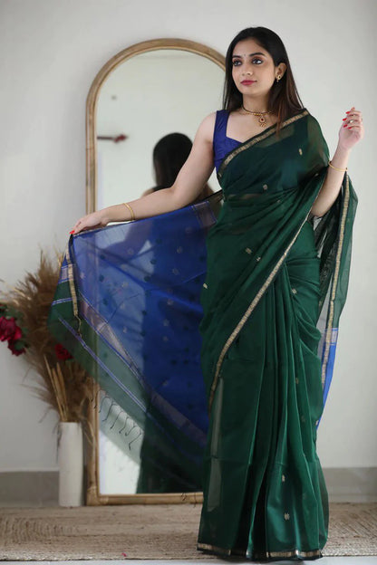 Flattering Green Cotton Silk Saree With Classy Blouse Piece
