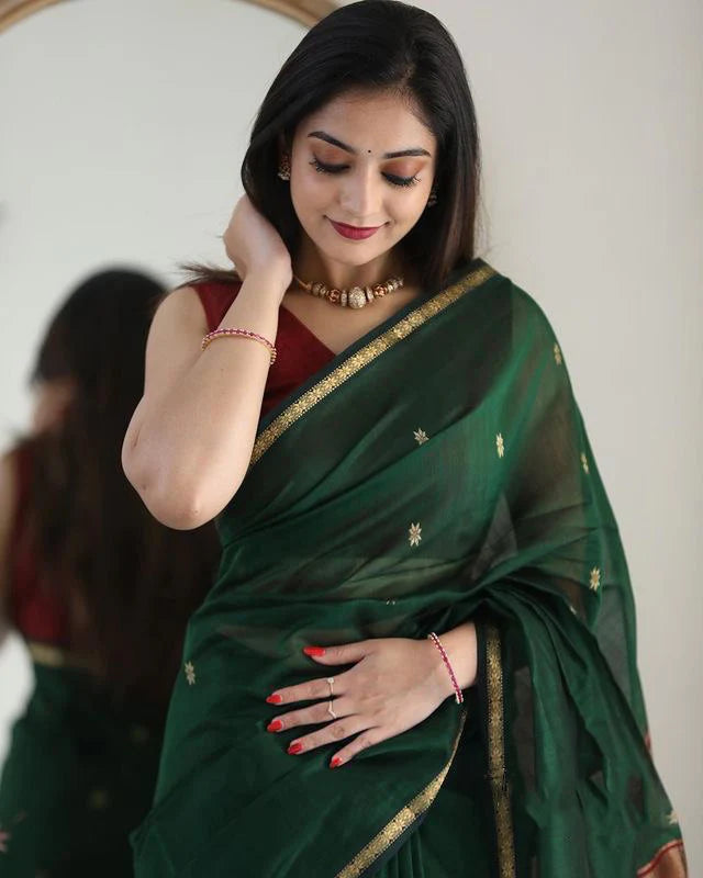 Sophisticated Green Cotton Silk Saree With Prodigal Blouse Piece