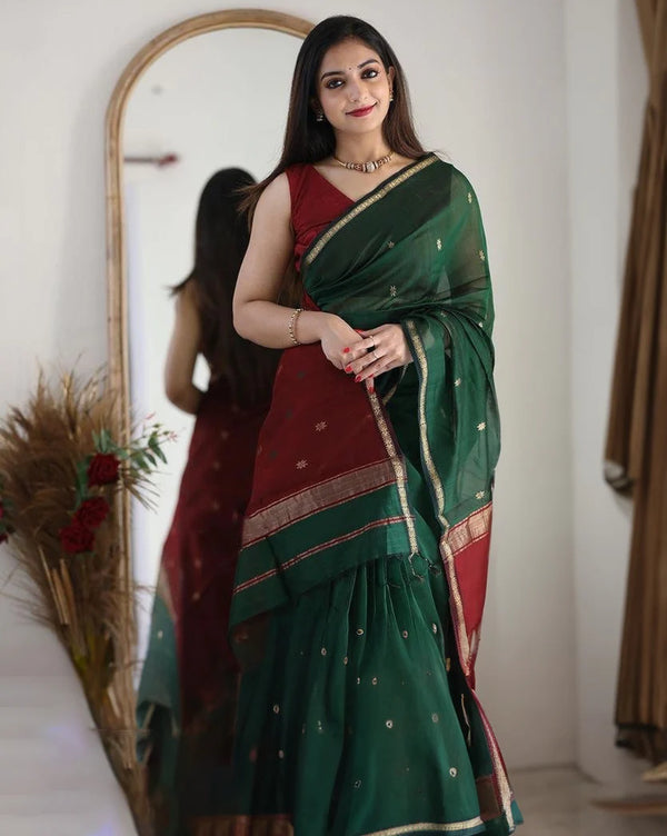 Sophisticated Green Cotton Silk Saree With Prodigal Blouse Piece