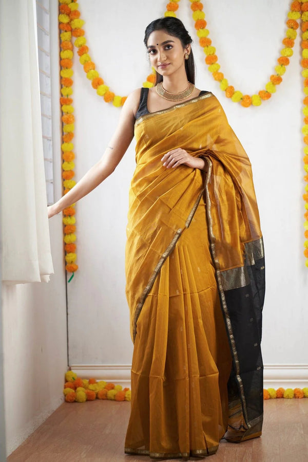 Lovely Mustard Cotton Silk Saree With Refreshing Blouse Piece