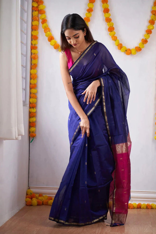 Sizzling Navy Blue Cotton Silk Saree With Mesmerising Blouse Piece