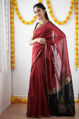 Stunning Red Cotton Silk Saree With Elegant Blouse Piece