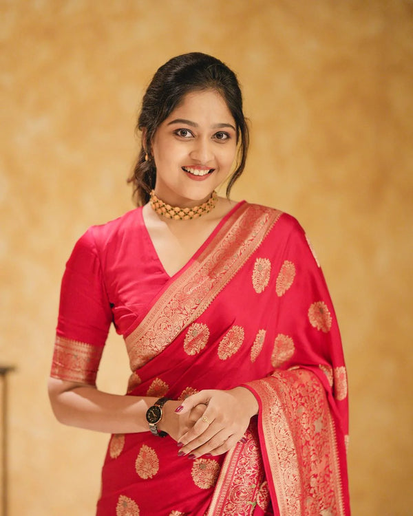 A glam Red Soft Silk Saree With Classic Blouse Piece