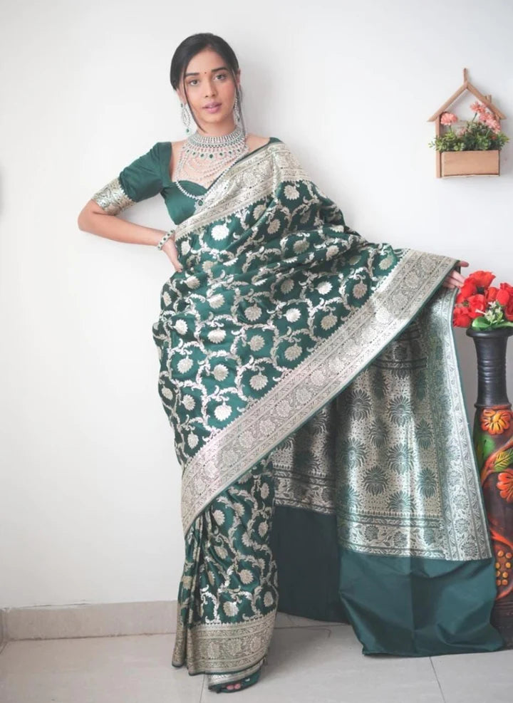 1-Min Ready To Wear Green Soft Silk Saree With Gleaming Green Blouse Piece