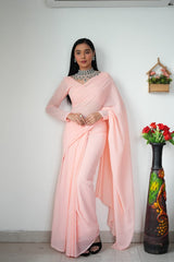 1 MIN READY TO WEAR FIROZI COLOUR  SAREE IN PURE SOFT GEORGETTE SILK WITH BLOUSE