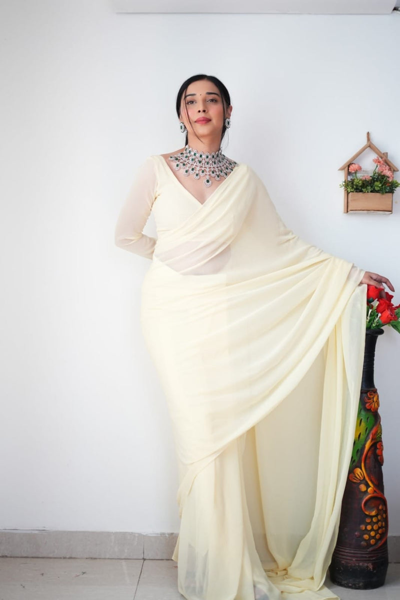1 MIN READY TO WEAR LEMON COLOUR  SAREE IN PURE SOFT GEORGETTE SILK WITH BLOUSE