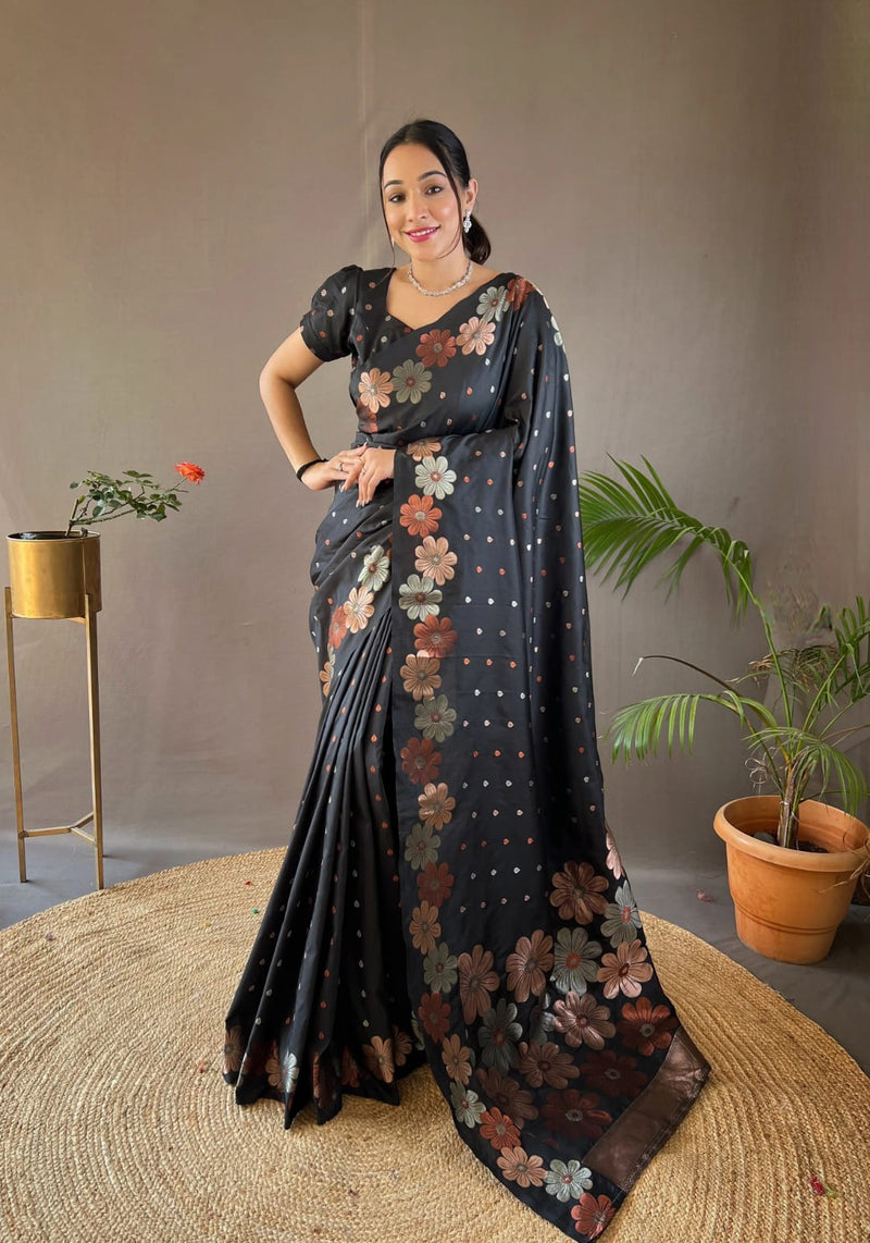 BLACK COLOUR WOVEN SOFT SILK SAREE