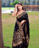 BLACK SOFT BANARASI SILK SAREE WITH LAGNIAPPE BLOUSE PIECE