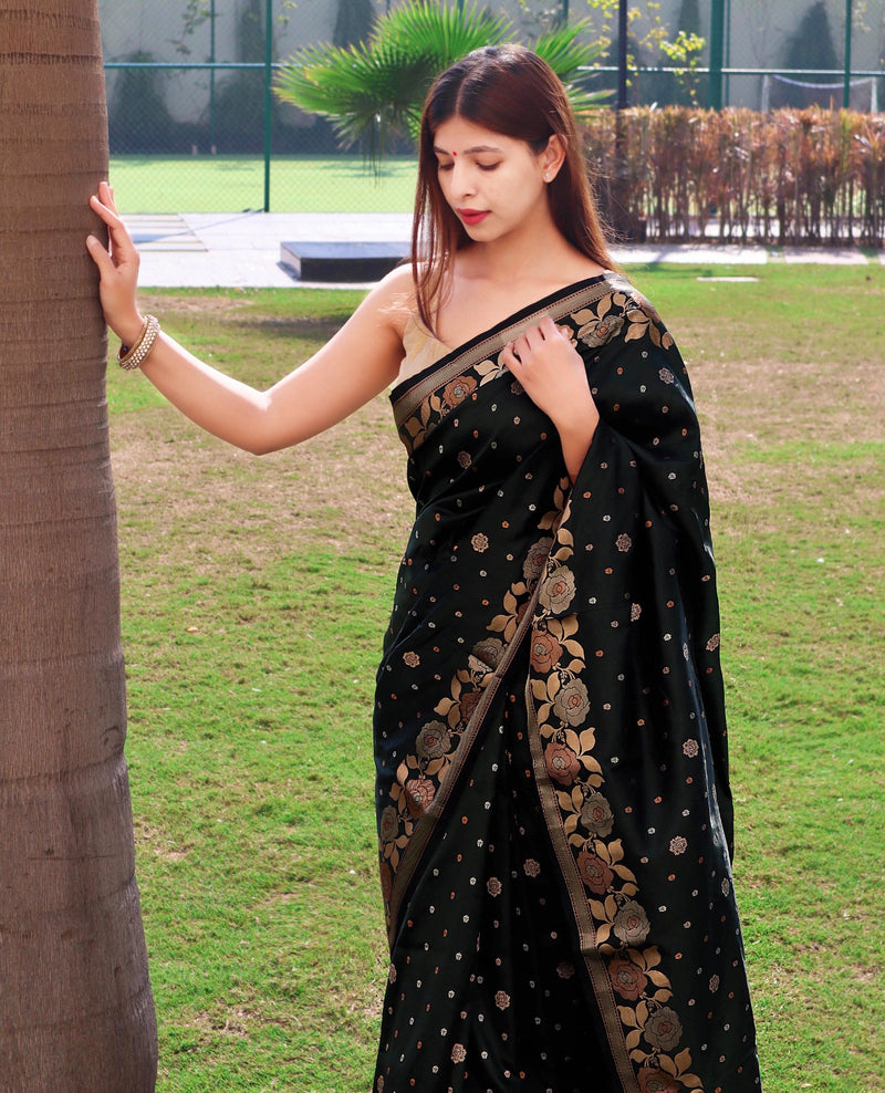 BLACK SOFT BANARASI SILK SAREE WITH LAGNIAPPE BLOUSE PIECE