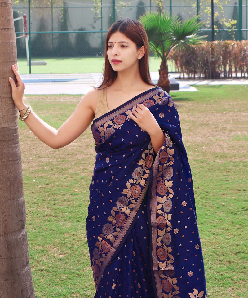 BLUE SOFT BANARASI SILK SAREE WITH LAGNIAPPE BLOUSE PIECE