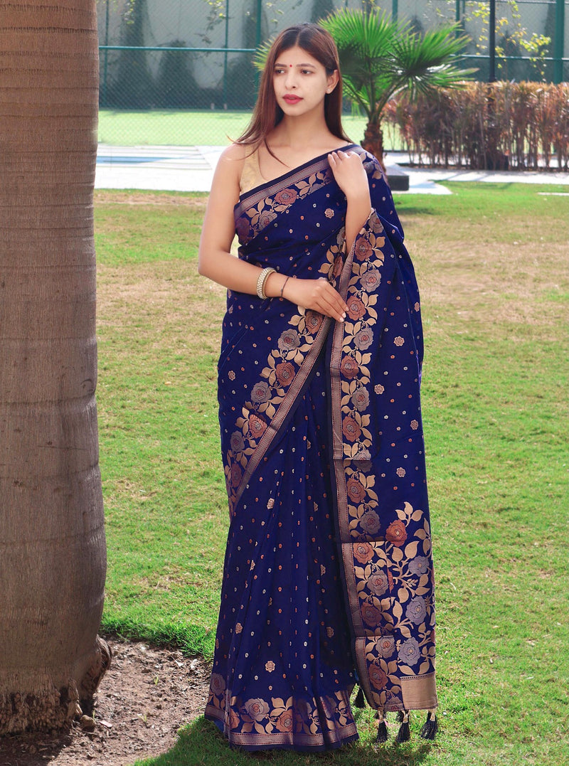 BLUE SOFT BANARASI SILK SAREE WITH LAGNIAPPE BLOUSE PIECE