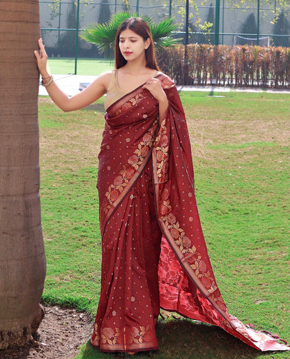 MAROON SOFT BANARASI SILK SAREE WITH LAGNIAPPE BLOUSE PIECE