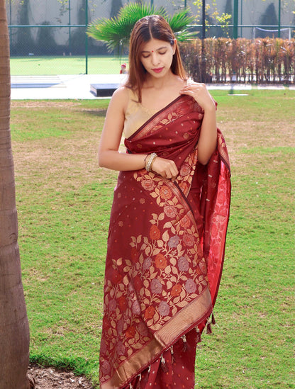 MAROON SOFT BANARASI SILK SAREE WITH LAGNIAPPE BLOUSE PIECE