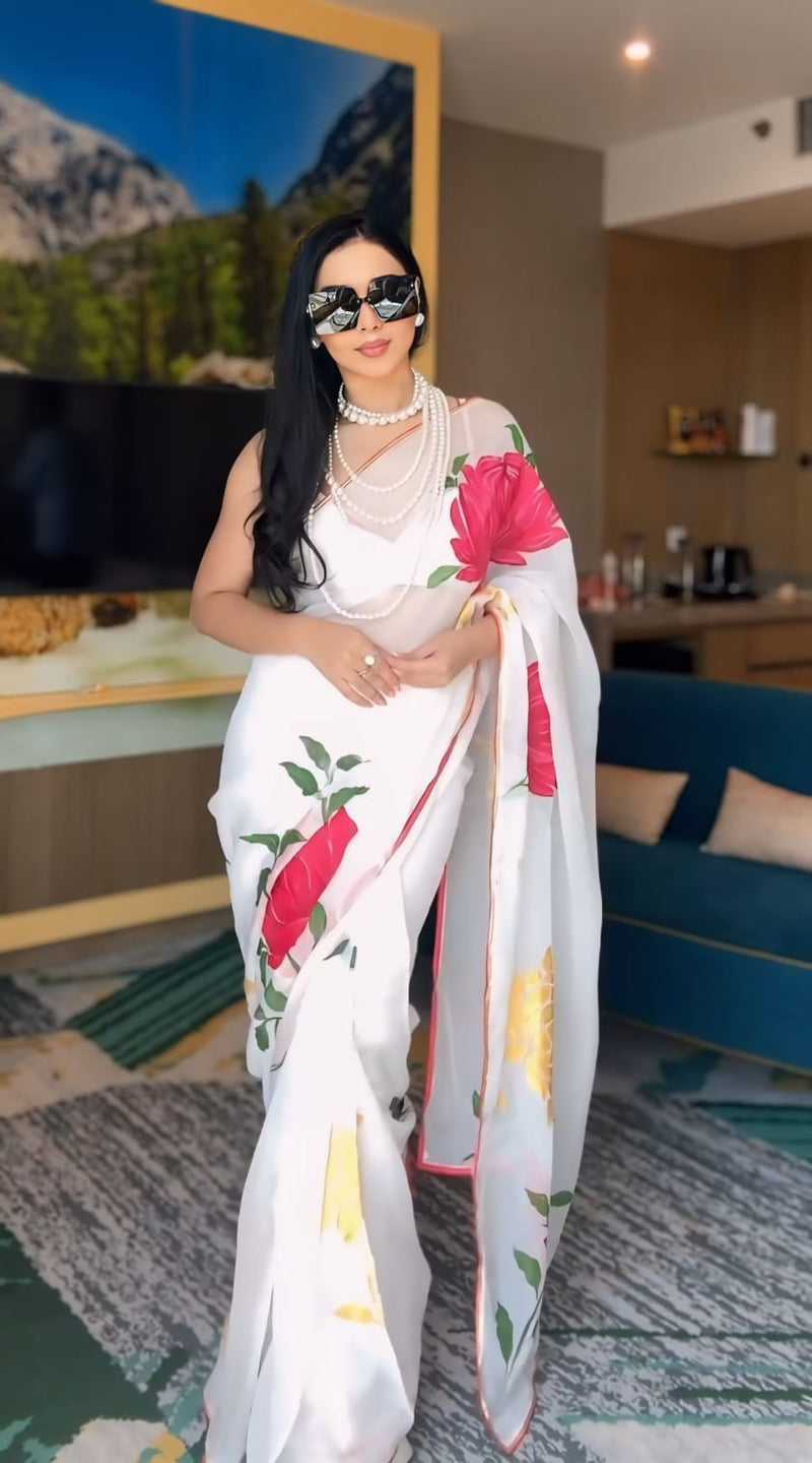 1-MIN READY TO WEAR PURE GEORGETTE SAREE WITH UNSTITCH BLOUSE