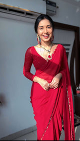 1 MIN READY TO WEAR RED GEORGETTE WITH STITCHED BLOUSE