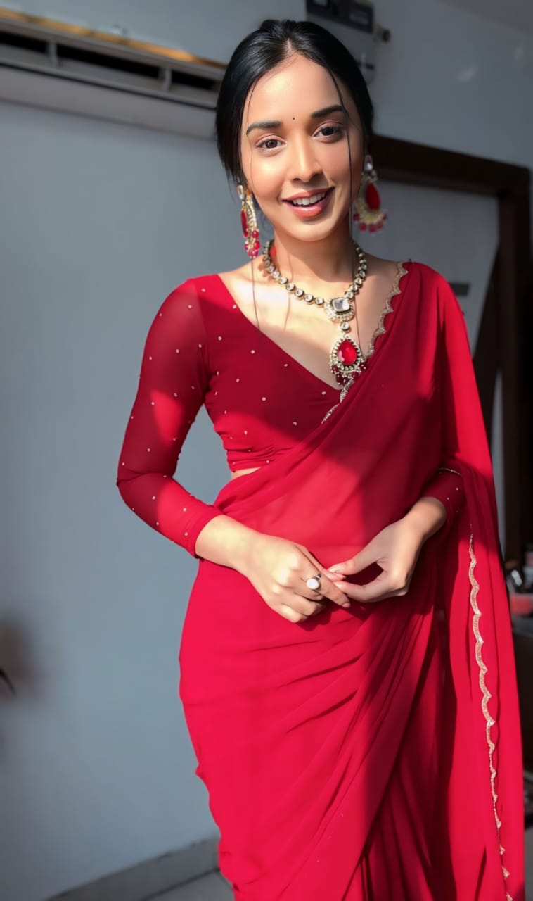 1 MIN READY TO WEAR RED GEORGETTE WITH STITCHED BLOUSE