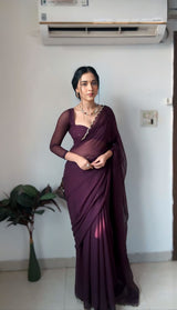 1 MIN READY TO WEAR WINE GEORGETTE WITH STITCHED BLOUSE