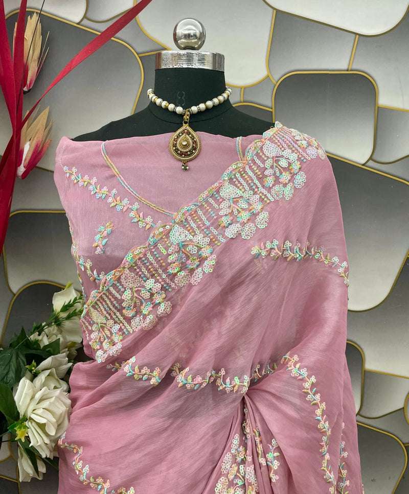 JIMICHOO SILK WITH BEAUTIFUL EMBROIDERY SEQUENCE DESIGN WITH BLOUSE