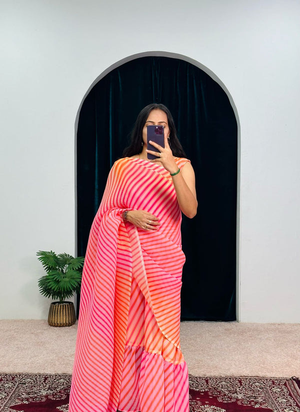 1-MIN READY TO WEAR RUFFLE  GEORGETTE GOWN SAREE PRETTY PINK