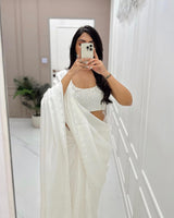 1 MIN READY TO WEAR WHITE PURE SOFT SILK  WITH STITCHED BLOUSE