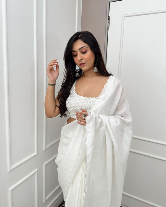 1 MIN READY TO WEAR WHITE PURE SOFT SILK  WITH STITCHED BLOUSE