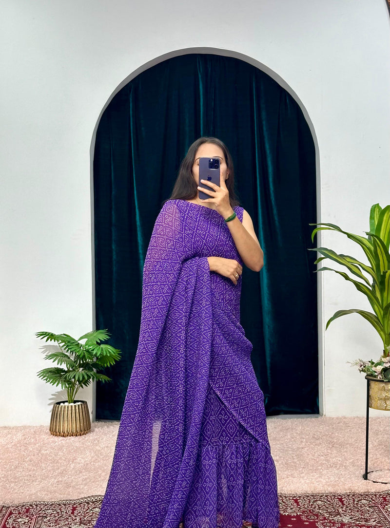 1-MIN READY TO WEAR RUFFLE  GEORGETTE GOWN SAREE PURPLE  FLOWER