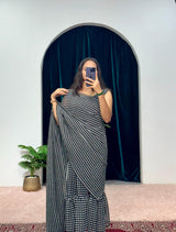 1-MIN READY TO WEAR RUFFLE  GEORGETTE GOWN SAREE BLACK DOT