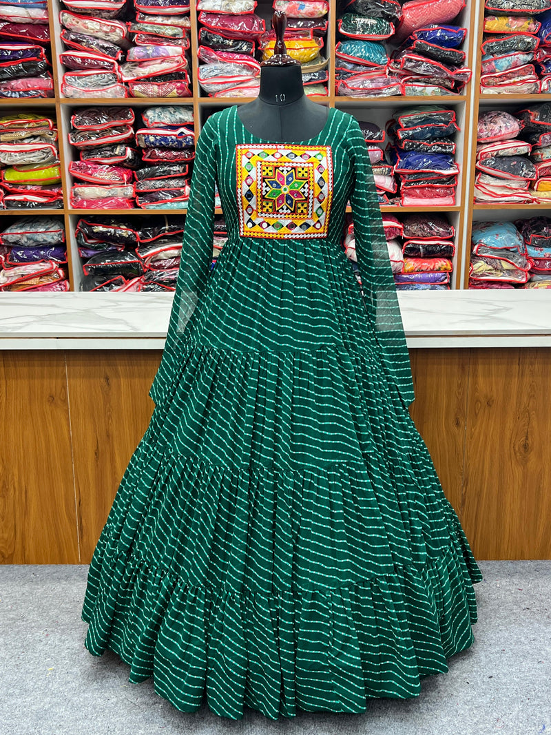 GREEN COLOR GEORGETTE LAHERIYA PRINT NAVRATRI GOWN