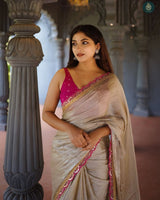 TISSUE SILK FABRIC WITH BEAUTIFUL EMBROIDERY LACE BORDER WITH BEAUTIFUL LATKAN SAREE