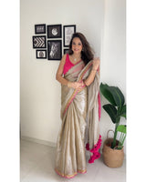 TISSUE SILK FABRIC WITH BEAUTIFUL EMBROIDERY LACE BORDER WITH BEAUTIFUL LATKAN SAREE