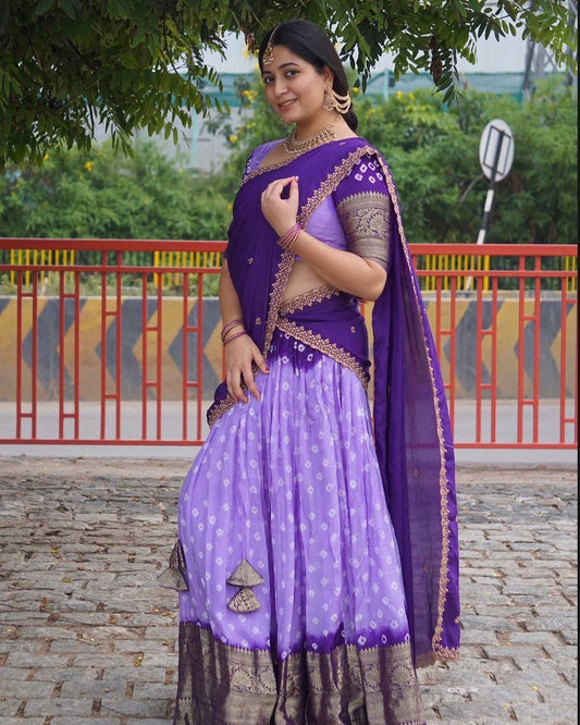 HALF SAREE SOFT LICHI SILK BANDHEJ PRINTED SAREE SET