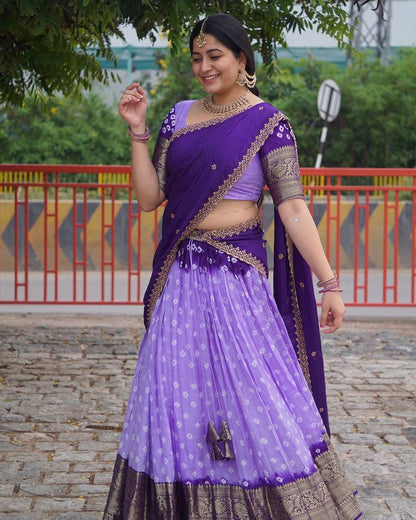 HALF SAREE SOFT LICHI SILK BANDHEJ PRINTED SAREE SET