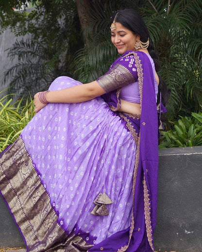 HALF SAREE SOFT LICHI SILK BANDHEJ PRINTED SAREE SET